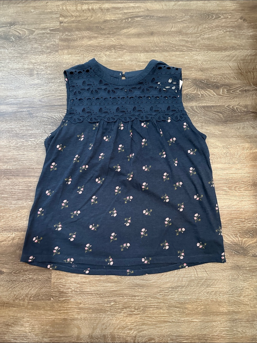 Lucky Brand Navy Tank with Crochet Yoke and Pink Floral Print